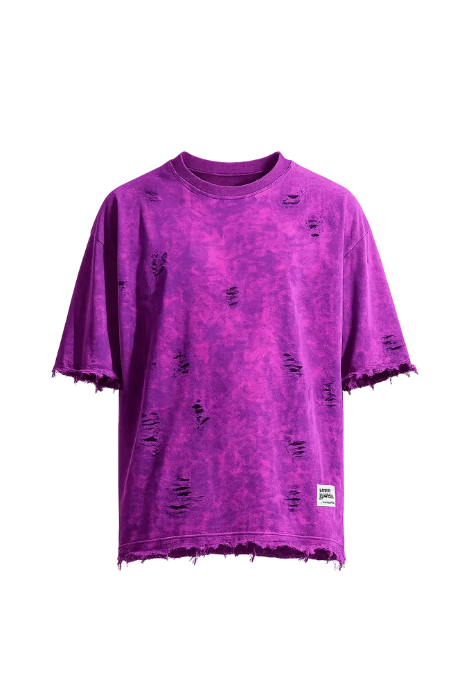 PURPLE ACID WASH SHREDDED OVERSIZED UNISEX T-SHIRT